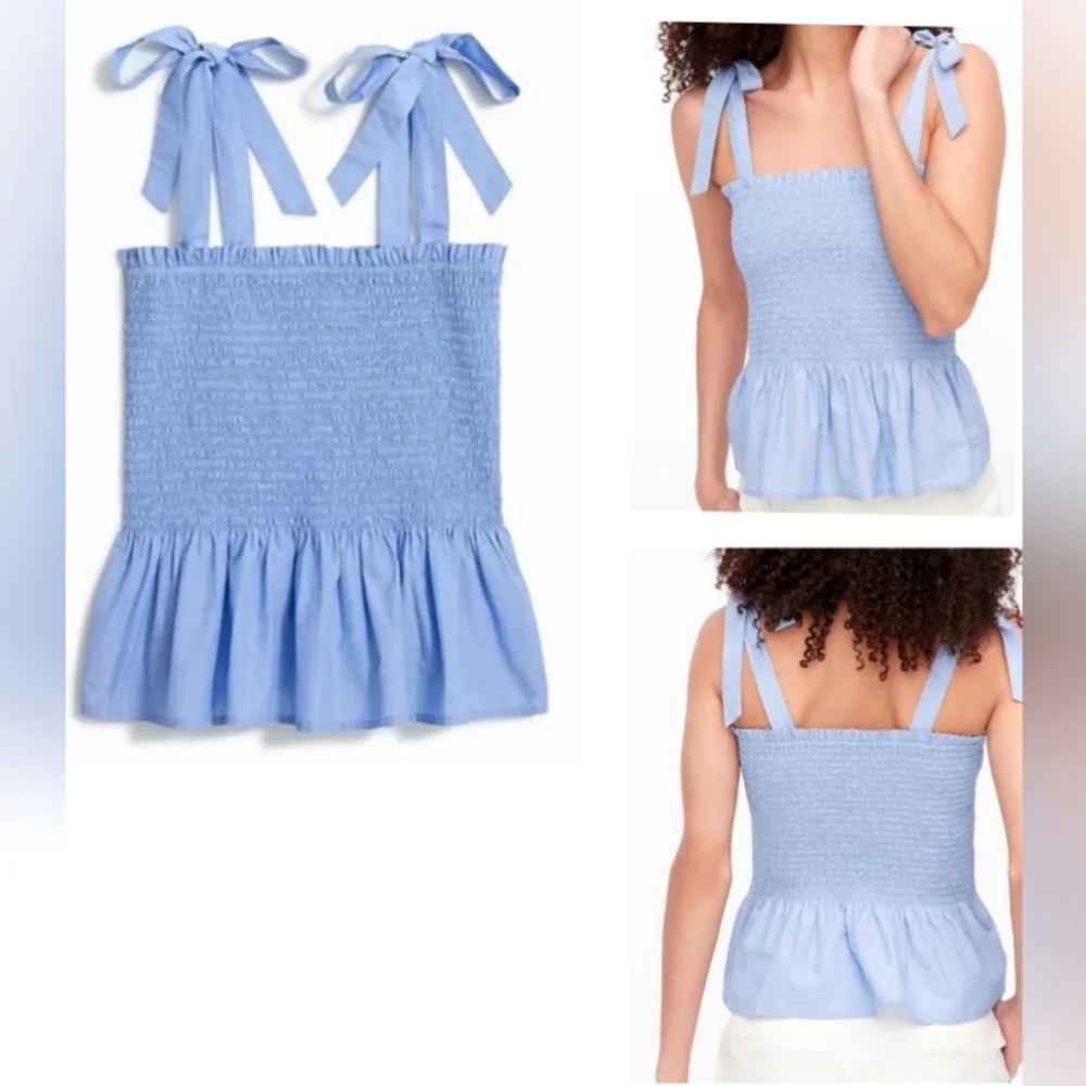 Nwt J. Crew Smocked Tie-Shoulder Tank Top Light Blue Cotton Poplin Plus Size - Picture 9 of 10